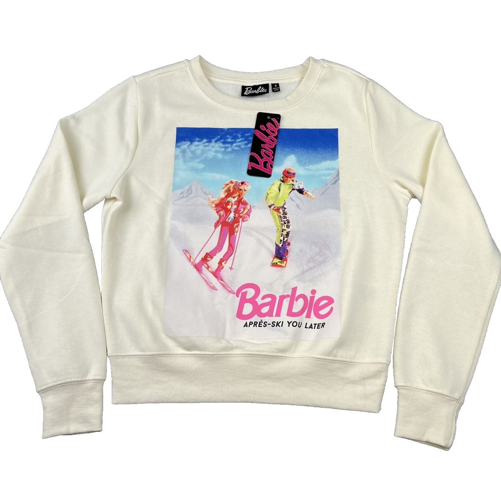 Barbie Sweatshirt Women S Ivory Apres-Ski Graphic Fleece Pullover Retro Winter